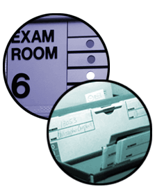 Faded photos showing a sign stating exam room 6 and patient file folders.