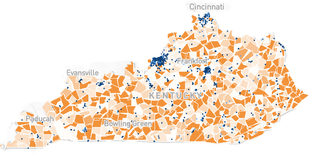 Color coded map of Kentucky that shows Child Care access by county.