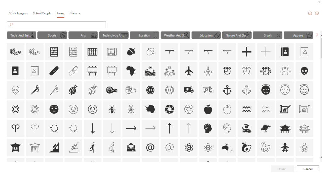 screenshot of the microsoft office icon library