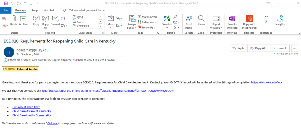 A screenshot of an email containing the link to an evaluation and a few important resources.