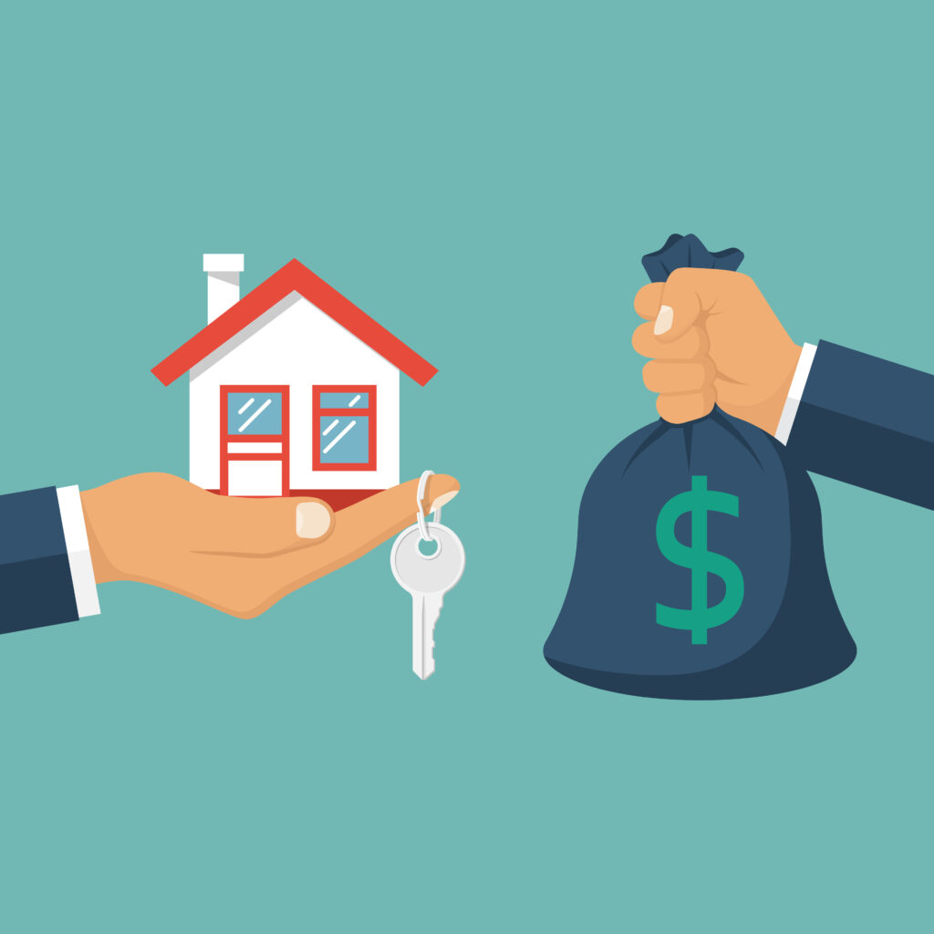 illustration of a hand holding a house with a key and another hand across from it holding out a bag of money