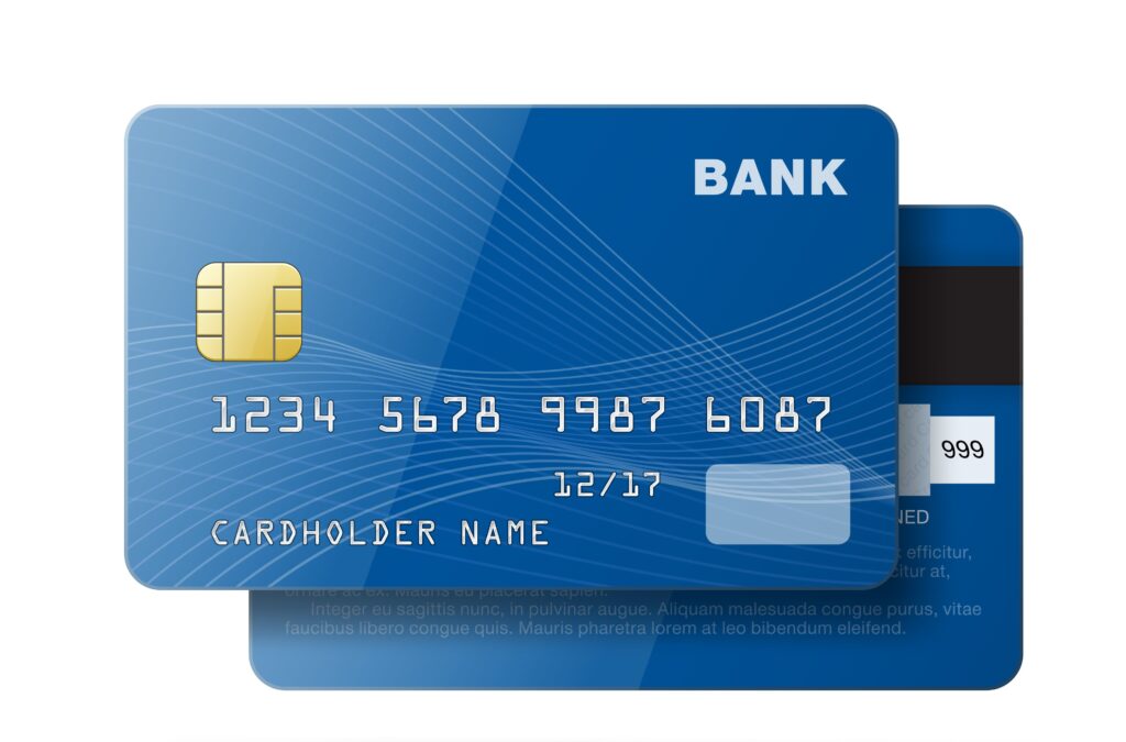 Blue bank card showing front and back