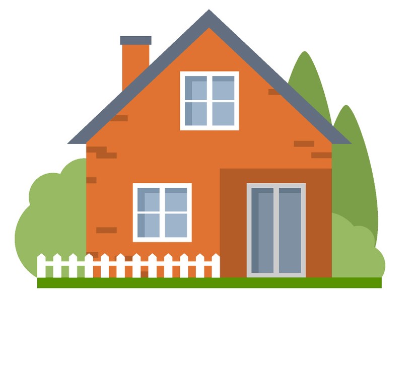 illustration of a brown house with trees behind it. 