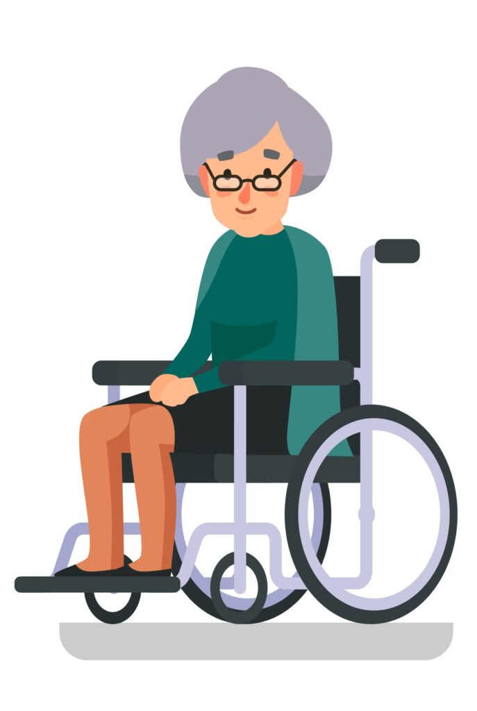 animtation of an older woman with grey hair and green shirt sitting in wheelchair