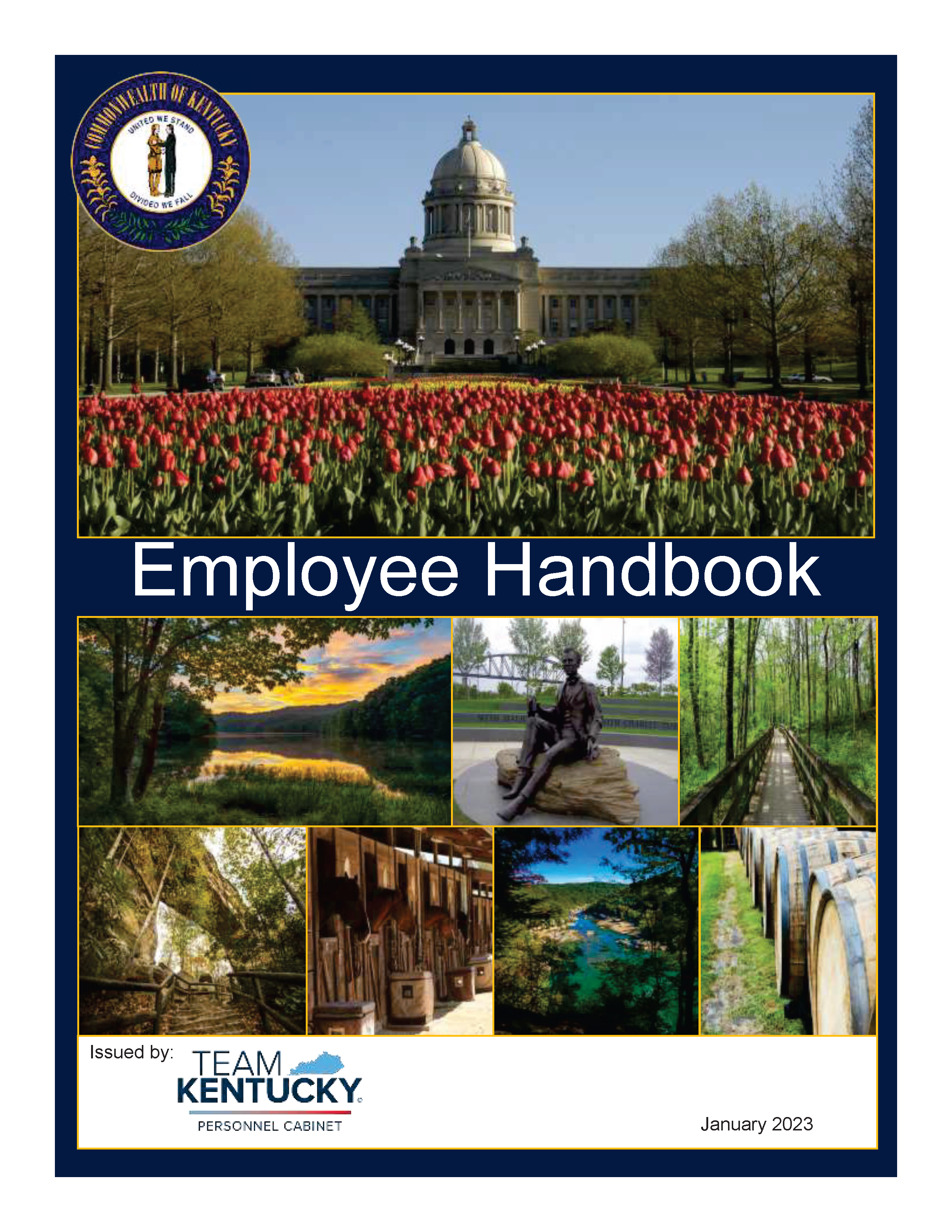 Front of the employee handbook with various images including state capitol building, whiskey barrels, a nature scenes.