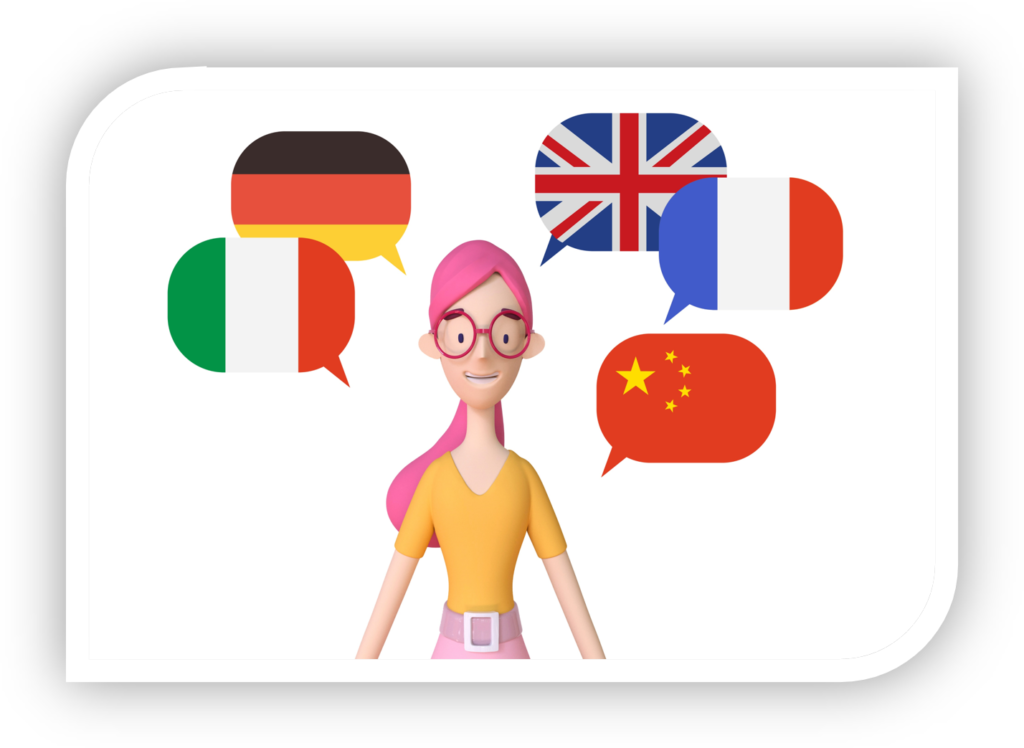 3D woman with chat bubbles that have flags of different countries around her head.  