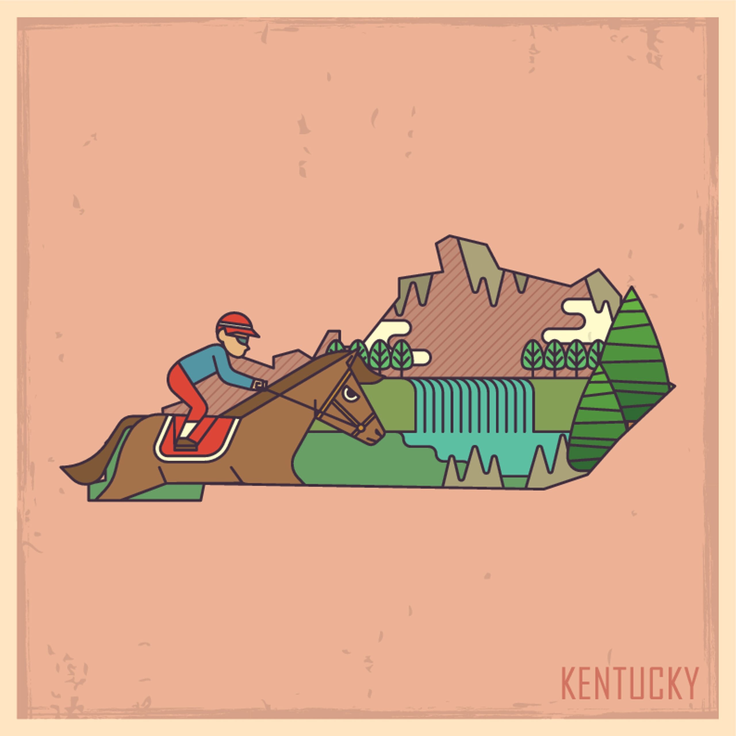 Outline of Kentucky with icons specific to Kentucky inside, horse and jockey, hills, waterfalls, and caves.