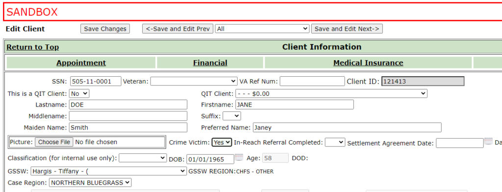 Screenshot of Face Sheet in KYGFIS.