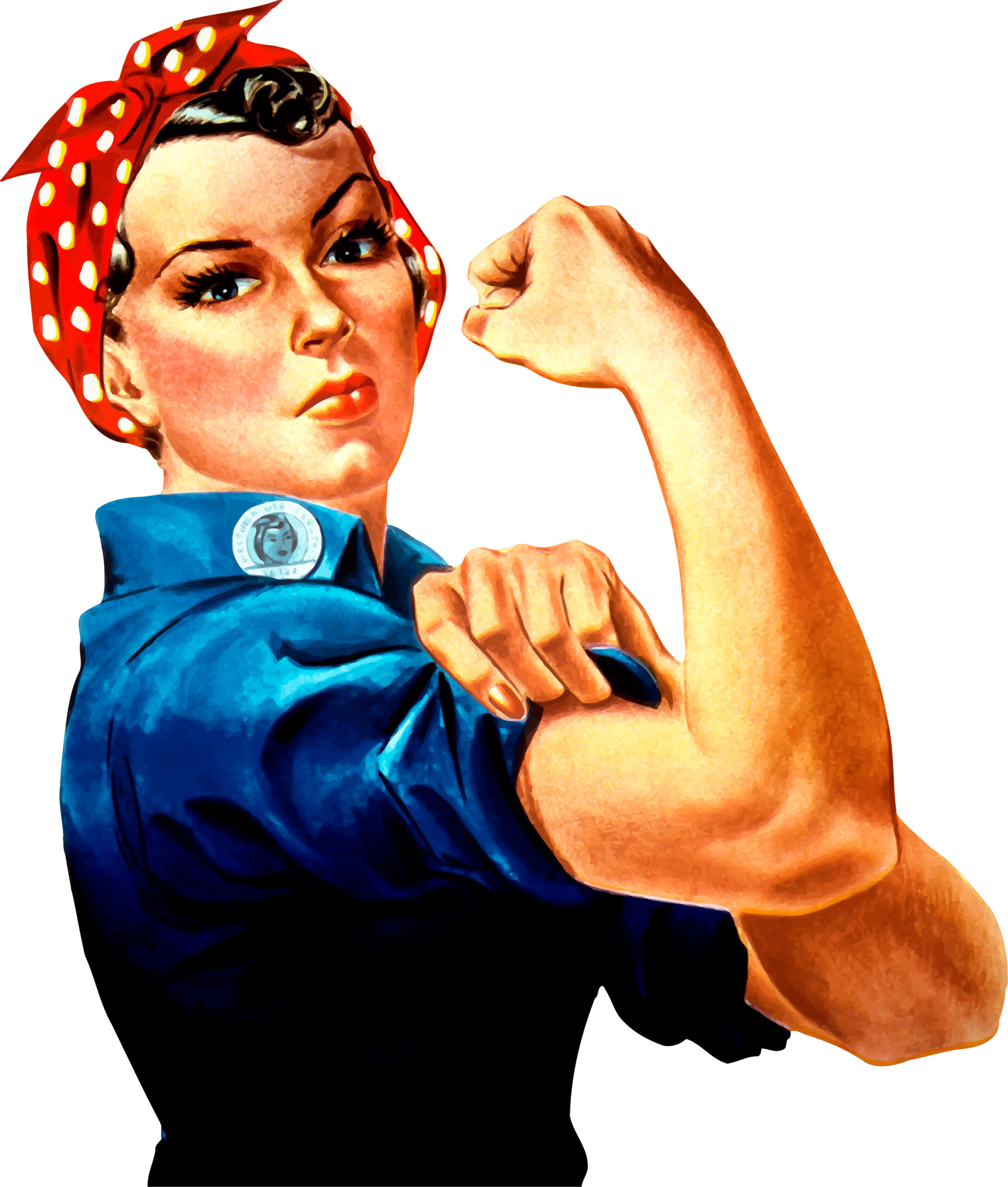 Rosie the Riveter - Woman showing biceps, in blue shirt and red and white polka dot hair cover