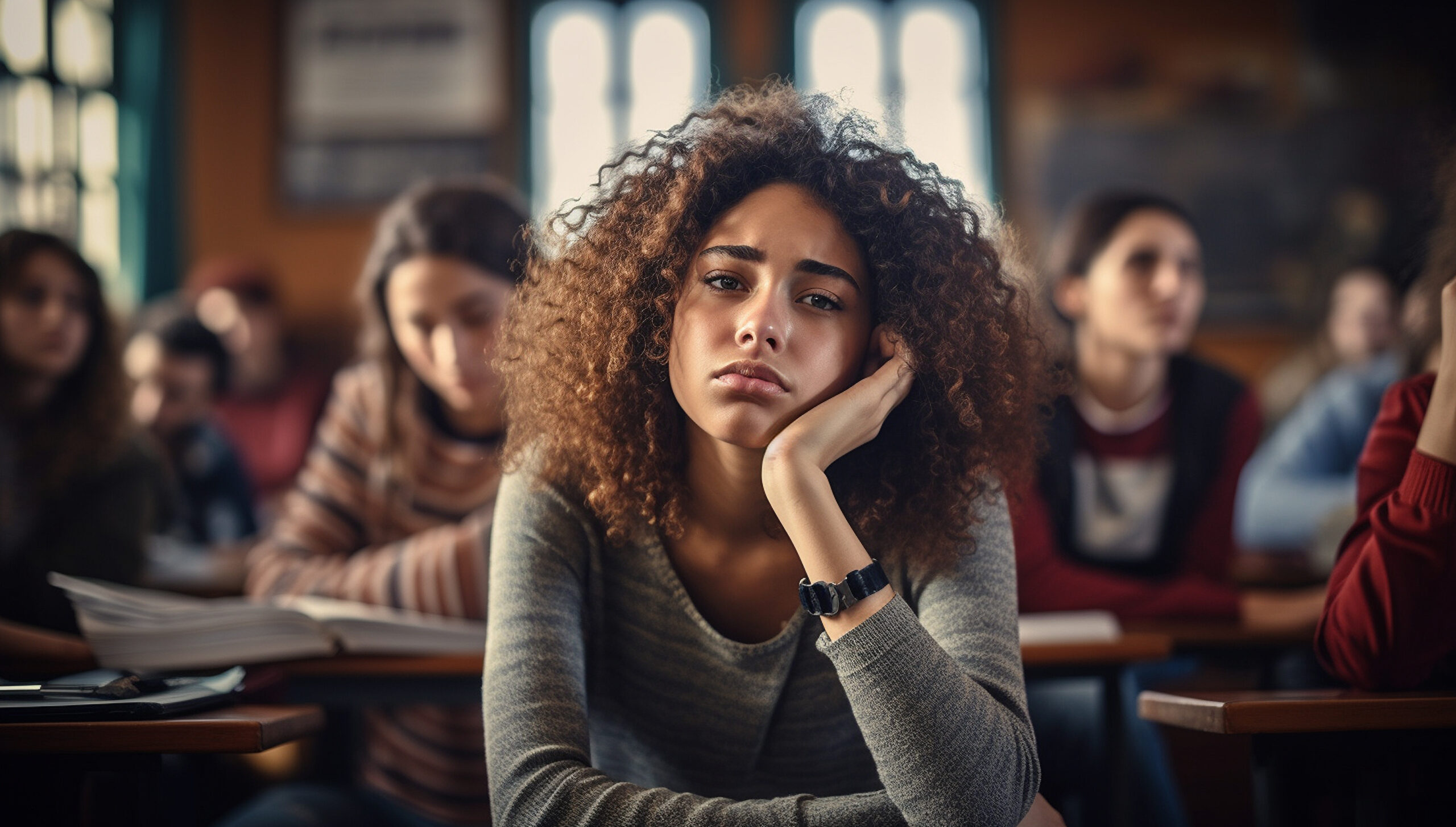 students sitting at table looking bored