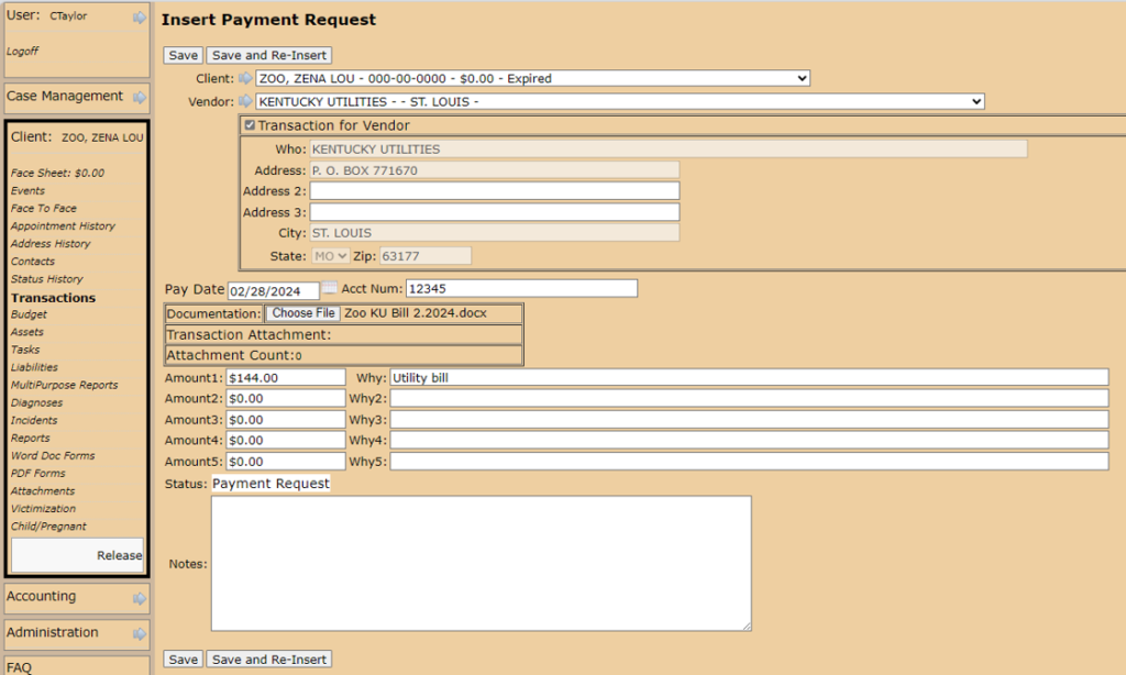 Screen shot of a payment request in KYGFIS