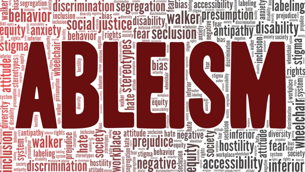 "ableism" in large red text surrounded by other words like "prejudice, seclusion, equity, etc."